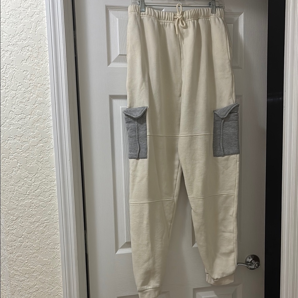 Fashion Nova Men's Cream Jogger Cargo Sweatpants with Gray Accents